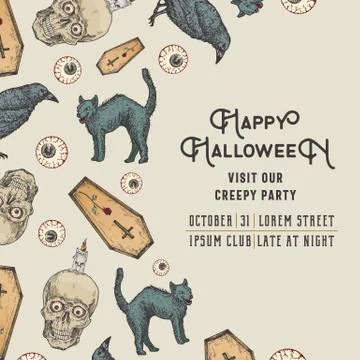 Hand Drawn Scull, Candle, Cat Coffin, Raven and Eyes Vector Background Pattern 스톡 일러스트
