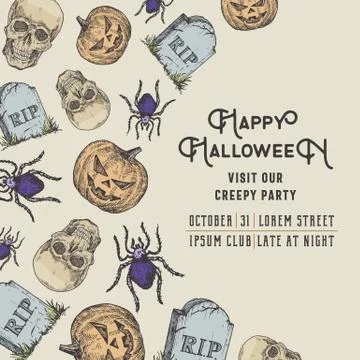 Hand Drawn Scull, Pumpkin, Spider and Tomb Stone Vector Background Pattern Card 스톡 일러스트