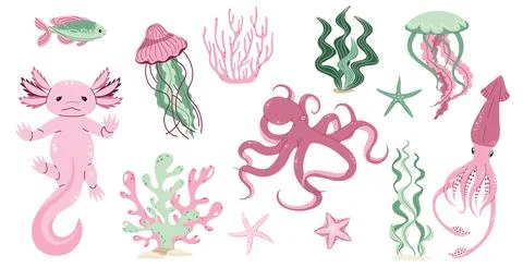 Hand drawn sea creatures in flat doodle style. Ocean inhabitants on an isolat Stock Illustration