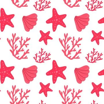 Hand-Drawn Sea Shells, Starfish, Corals Vector Seamless Pattern. Illustrazione stock