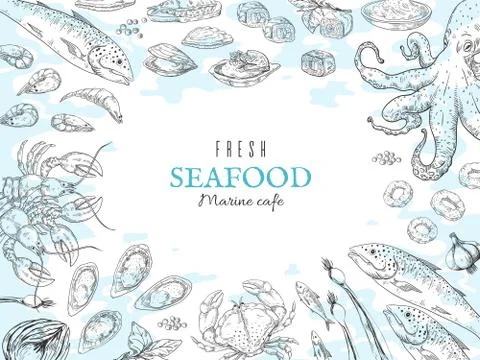 Hand drawn seafood background. Fish restaurant poster, gourmet dinner table Illustrazione stock