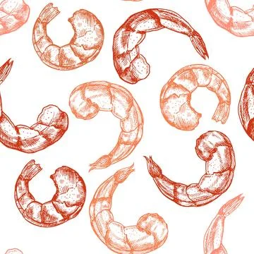 Hand drawn seafood seamless pattern. Shrimp background Vintage sketch style Stock Illustration