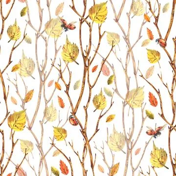 Hand drawn seamless autumn pattern with yellow birch leaves, ladybugs and brown Stock Illustration