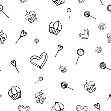 Hand-Drawn Seamless Background - Sweets, Cakes, Candy, Hearts and Lollipops Stock Illustration