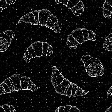 Hand drawn seamless black background with croissants contour. Illustrazione stock