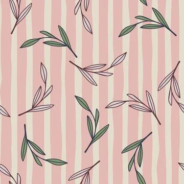 Hand drawn seamless botanic pattern with outline leaves shapes. Pink striped  Stock Illustration