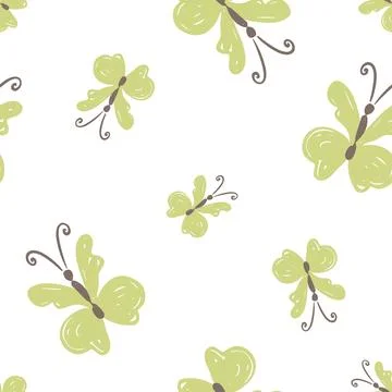 Hand drawn seamless butterfly pattern in light green tones Stock Illustration