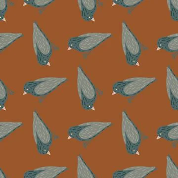 Hand drawn seamless cartoon pattern with grey simple birs silhouettes. Brown  Stock Illustration