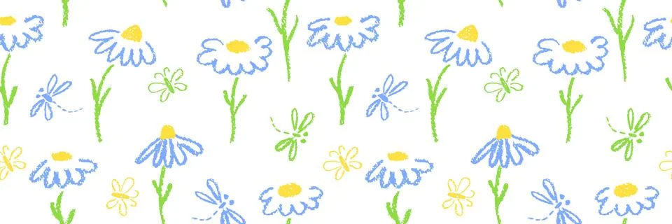 Hand-drawn seamless chamomile pattern with dragonfly and butterfly motifs Stock Illustration
