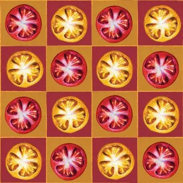 Hand-drawn seamless checkered pattern: red and yellow tomatoes. Warm colors. Stock Illustration
