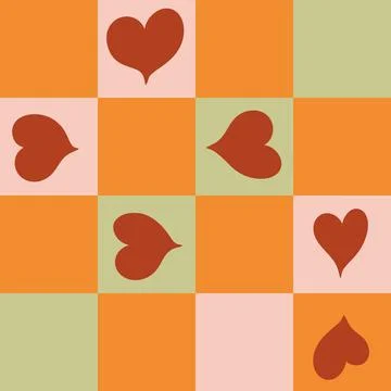 Hand drawn seamless checks checkered checkerboard pattern with red hearts st Stock Illustration
