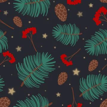 Hand drawn seamless Christmas pattern on dark background. Winter background. Stock Illustration