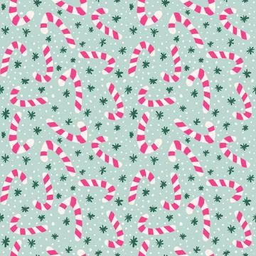 Hand drawn seamless Christmas pattern with pink candy canes green snowflakes Stock Illustration