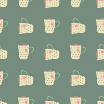 Hand drawn seamless cup pattern. Simple dishes silhouettes on grey background Illustrazione stock