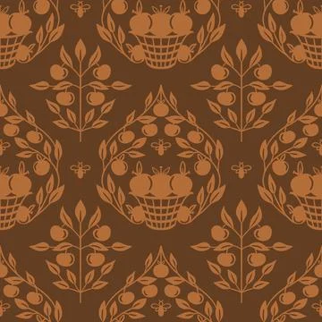 Hand drawn seamless damsk pattern with Thanksgiving apples leaves in bourquet Stock Illustration