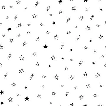 Hand drawn seamless doodle pattern of stars and lightnings Stock Illustration