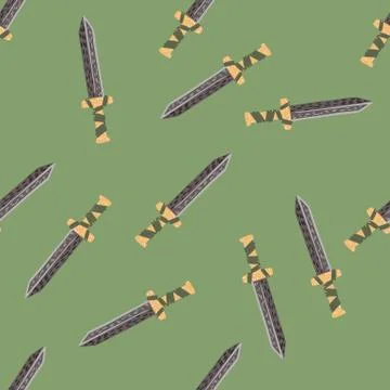 Hand drawn seamless doodle pattern with sword simple silhouettes. Green olive Stock Illustration