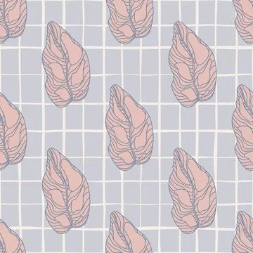 Hand drawn seamless doodle pattern with botanic pink outline leaves. Grey che Stock Illustration