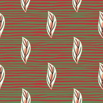 Hand drawn seamless doodle pattern with white leaves shapes ornament. Red and Stock Illustration