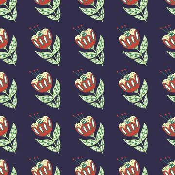 Hand drawn seamless doodle pattern with simple folk flower silhouettes print. イラスト素材