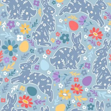 Hand-drawn seamless Easter pattern featuring decorative bunnies with floral.. イラスト素材