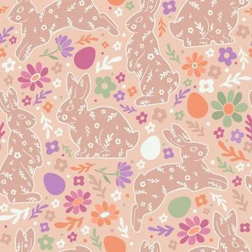 Hand-drawn seamless Easter pattern featuring decorative bunnies with floral.. 스톡 일러스트
