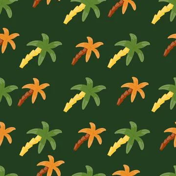 Hand drawn seamless exotic pattern with botany green and orange palm tree orn Stock Illustration