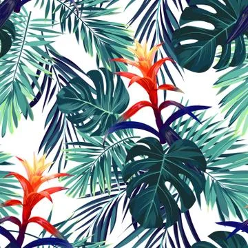 Hand drawn seamless floral pattern with guzmania flowers, monstera and royal Stock Illustration