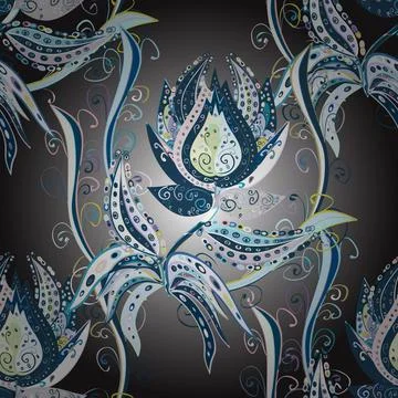 Hand drawn. Seamless floral pattern in folk style with flowers, leaves. Vector i Ilustración de archivo