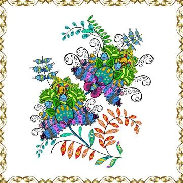 Hand drawn. Seamless floral pattern in folk style with flowers, leaves. Vector i Stockillustratie