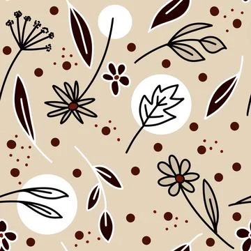 Hand drawn seamless floral pattern with burgundy marsala flowers on neutral Stock Illustration