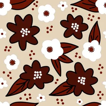 Hand drawn seamless floral pattern with burgundy marsala flowers on neutral Stock Illustration