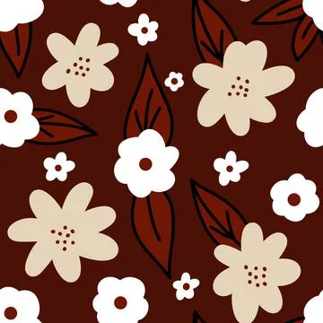 Hand drawn seamless floral pattern with burgundy marsala flowers on neutral Stock Illustration