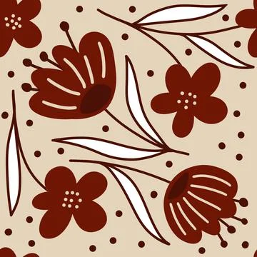Hand drawn seamless floral pattern with burgundy marsala flowers on neutral Ilustração Stock