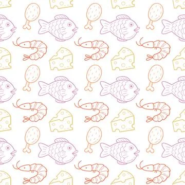 Hand drawn seamless food pattern with fish shrimp cheese and meat icons. Stock Illustration
