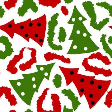 Hand drawn seamless green red christmas leopard pattern with christmas tree Stock Illustration
