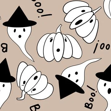 Hand drawn seamless Halloween pattern with cute funny ghosts smile face. Funny Illustrazione stock