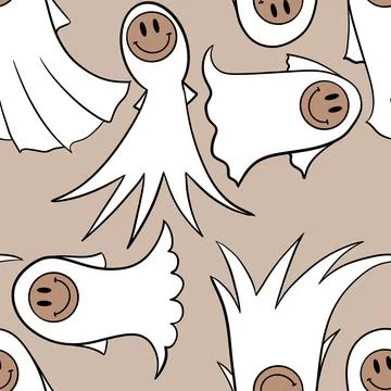Hand drawn seamless Halloween pattern with cute funny ghosts smile face. Funny Illustrazione stock