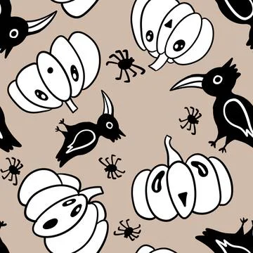 Hand drawn seamless Halloween pattern with black raven birds cute funny pumpkins Stock Illustration