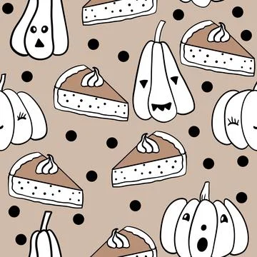 Hand drawn seamless Halloween pattern with cute jack-o-lantern pumpkins and food Stock Illustration