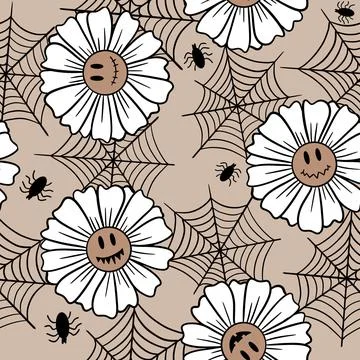 Hand drawn seamless Halloween pattern with beige cute pumpkins smile face flower Stock Illustration
