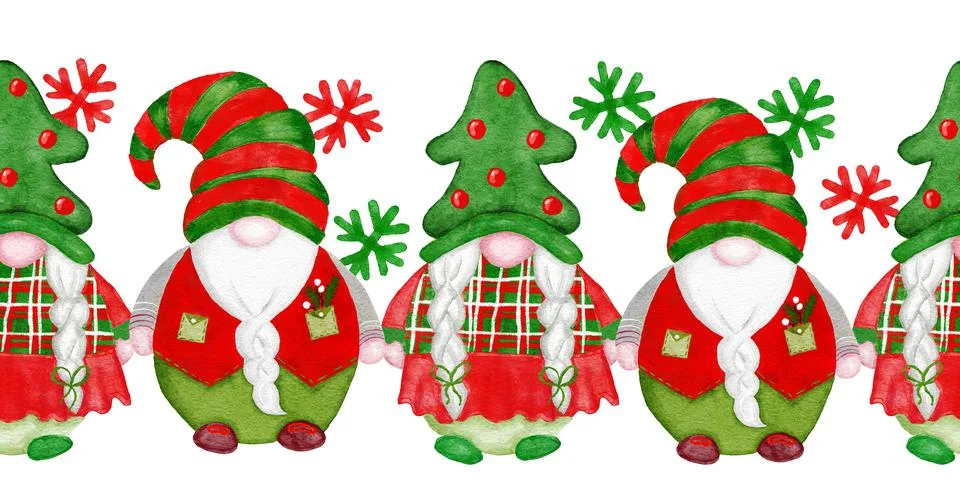Hand drawn seamless horizontal border with watercolor Christmas gnomes in red Stock Illustration