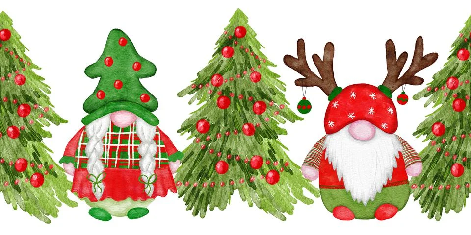 Hand drawn seamless horizontal border with watercolor Christmas gnomes in red Stock Illustration