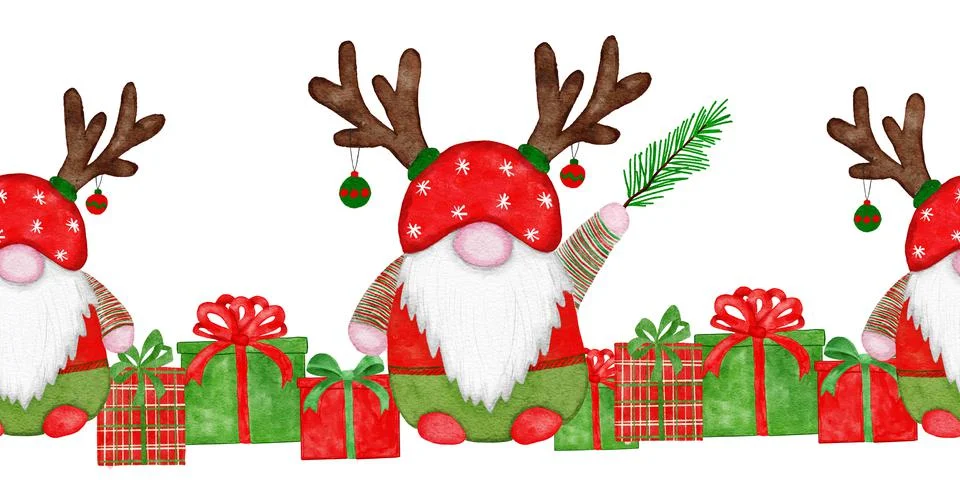 Hand drawn seamless horizontal border with watercolor Christmas gnomes in red Stock Illustration