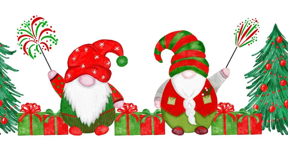 Hand drawn seamless horizontal border with watercolor Christmas gnomes in red Stock Illustration