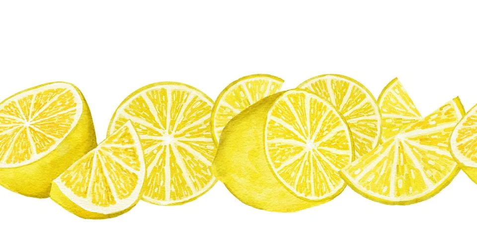 Hand drawn seamless horizontal border illustration of yellow lemon fruit Stock Illustration