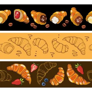 Hand drawn seamless horizontal pattern brush with croissants and berry. Illustrazione stock
