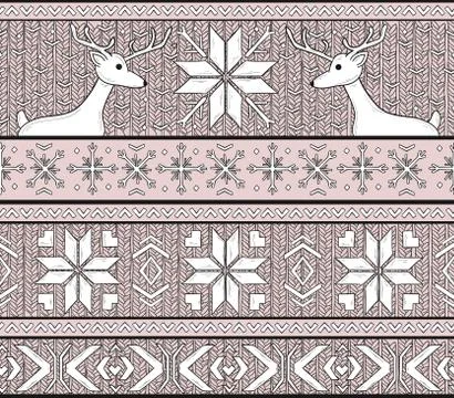 Hand drawn seamless knitted background in fair isle style with deers and snow Stock Illustration