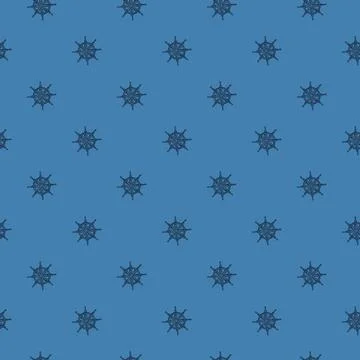 Hand drawn seamless nautical pattern with little ship rudder ornament. Blue b Stock Illustration