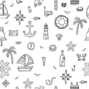 Hand drawn seamless nautical pattern. Nautical icons. Marine symbols Stock Illustration